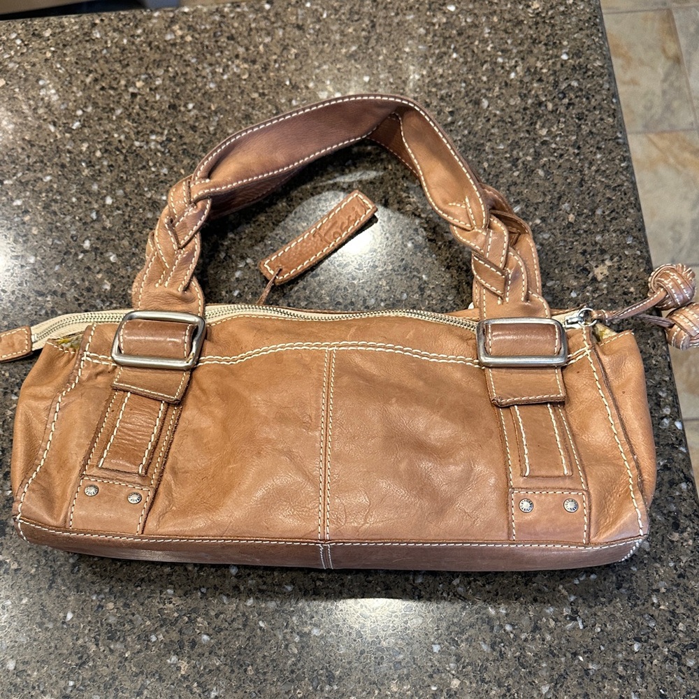 Fossil Tan Leather Satchel with Buckle Accents - Picture 4 of 6
